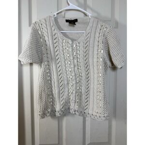 Yarnworks Petite Cable Knit Cardigan Cream Short Sleeve Button Sweater Women Lg